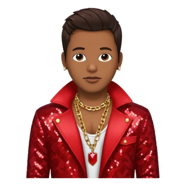Bobby Brown with dark brown hair, red sequin jacket, shirtless with necklace sticker