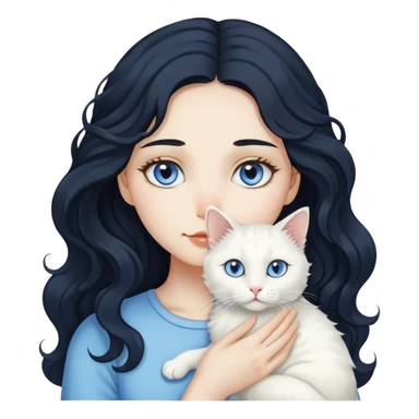 A girl with long black wavy hair and fair skin, holding a white cat. The cat’s left eye is blue and its right eye is yellow. sticker