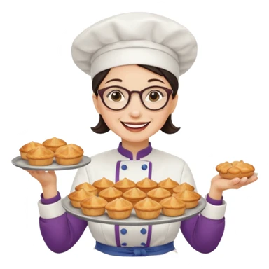 Older female pastry chef – round glasses, oven mitts on, holding a tray of pastries.

 sticker