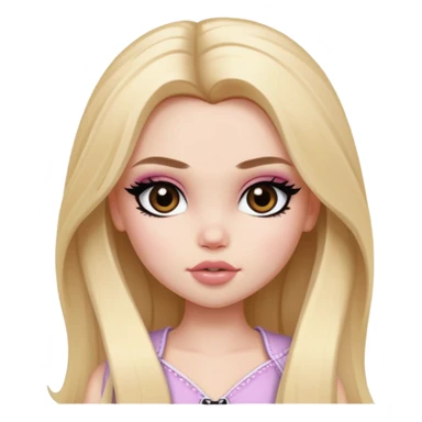  long blonde hair, pale skin, brown eyes, pretty bratz baddie, black eyeliner, blush sticker