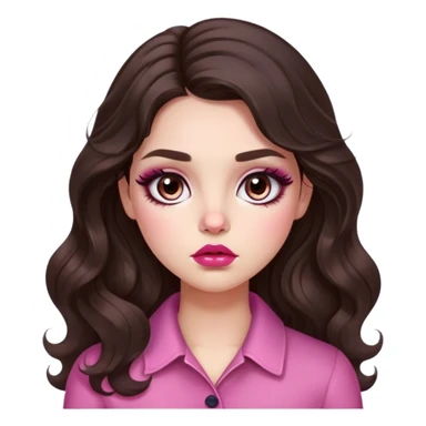 girl with light wheatish skin, dark brown long wavy hair, pouty shiny lips with berry lip gloss, large eyes with eyelashes, pink blush on cheeks, inner eye highlighted with white eyeliner, button nose sticker