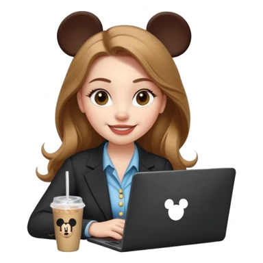 Women in front of one laptop that has a Mickey sticker on it, with a happy face, face a little fuller, lips plump, full eyebrows, long light brown hair, light brown big eyes, light pale skin with a iced coffee on the side, business attire, typing sticker