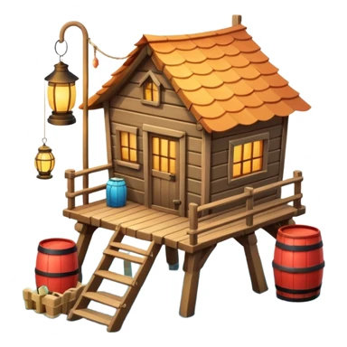 
fisherman house on a wooden pier, small dock, fishing nets hanging, barrels, lantern, ocean vibe, 3D cartoon, cute mobile game icon, clean background, no text
 sticker