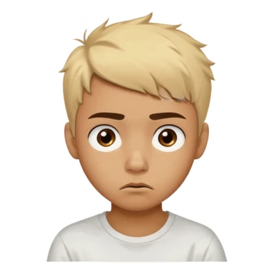 caramel skin color. Teen age. Short buzz, messy blonde hair, dark brown bushy eyebrows large expressive golden-brown eyes, brown skin color, scar over nose, wearing a plain white t-shirt. Disappointed thinking facial expression. caramel skin color sticker