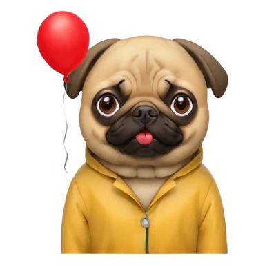 pug in a yellow raincoat holds a red balloon like the boy from the movie "It" sticker