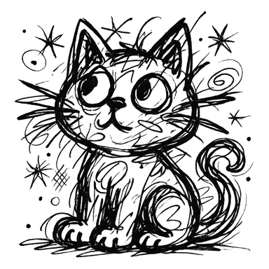 chaotic outlined icon of a cute kitten sitting and looking up, with wild scribbled lines sticker