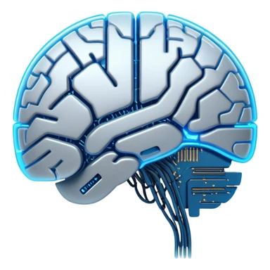 A semi-transparent robotic brain with glowing microchips and intricate circuit patterns inside, futuristic and sleek design, neon blue highlights, digital style sticker