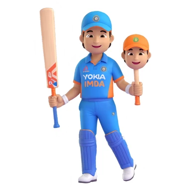 emoji-style illustration of Sachin Tendulkar in a different celebratory pose, cheerful smile, simplified and bold features, holding cricket bat, joyful expression, wearing cricket attire, impression of excitement and achievement, fun and lively emoji sticker