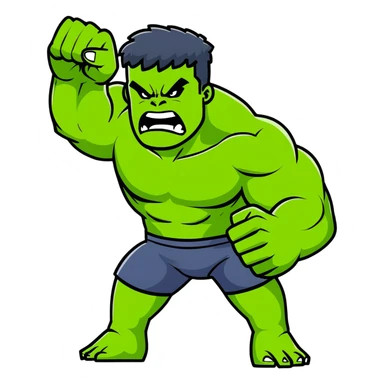 Hulk smashing with fists raised, green muscular superhero breaking ground, action pose, dynamic movement, angry expression sticker