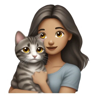 Long Dark brown haired girl with hazel eyes holding gray tabby cat sticker
