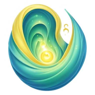 green-blue magical organic cocoon lit up with swirling yellow magic, ethereal and mystical, symbol shape, gentle green-blue hues sticker