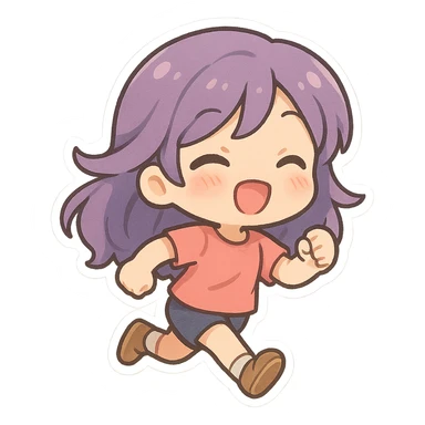 chibi girl with purple hair, running, cute chibi stickers illustration style sticker