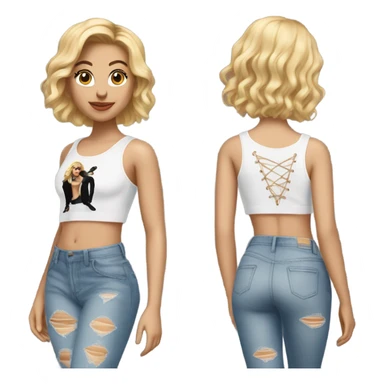 A blonde girl with short hair wearing a Shakira lace up croc top and short jeans and high heels  sticker