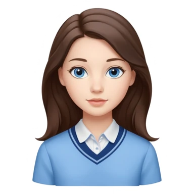 Realistic Student Portrait, with porcelain-like skin featuring a natural rosy flush, iHer Brunette Half-Up Style for Straight  hair flows in soft, Her deep blue eyes radiate warmth and innocence,  wear light blue preppy style. sticker