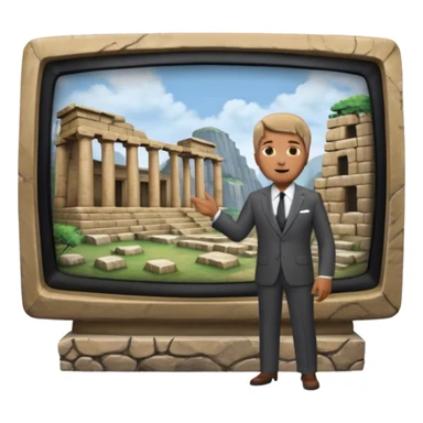 Icon for Documentary Film (TV style): A large TV screen with a host presenting in front of video footage showing ancient ruins. The design should evoke a vintage TV broadcast with historical content, complete with a clear view of the host and the ruins behind. Transparent background. sticker
