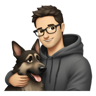a handsome guy (dark brown hair, grey colour eyes, thin stylish black glasses, hoodie) hugging a dog (grey colour german shepherd) sticker