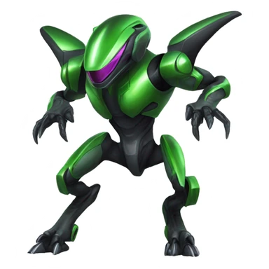 a shiny black-green Genesect-Raptor-Fakémon—hybrid with a futuristic visor-helmet full body sticker