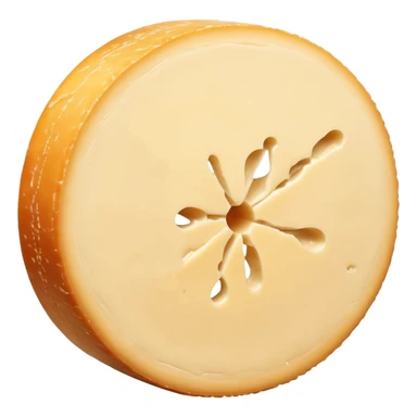 whole round wheel of reblochon cheese with soft washed rind light orange-beige tone slightly mottled velvety wedge cut creamy pale yellow interior smooth gooey near rind no board knife or garnish soft lighting subtle shadows emoji scale sticker