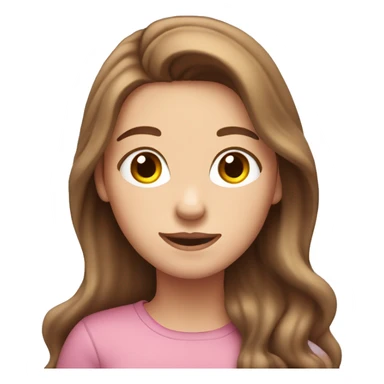 emoji of a white girl with long brown hair that falls below her shoulders. She has a friendly expression and is wearing bright clothing. The background should be a soft pastel color sticker