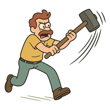 a cartoon figure swinging a sledgehammer, motion lines, energetic, dynamic action pose sticker