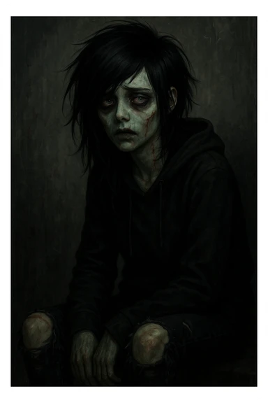 girl zombie with black hair, emo style, expressive face, dark clothing, pale skin, subtle scars sticker