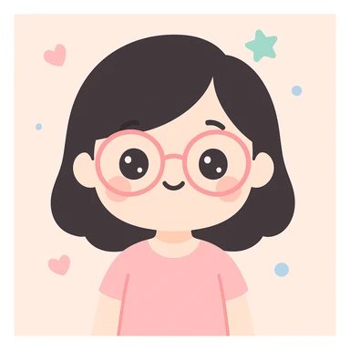 a black-haired woman wearing glasses, cute cartoon style sticker