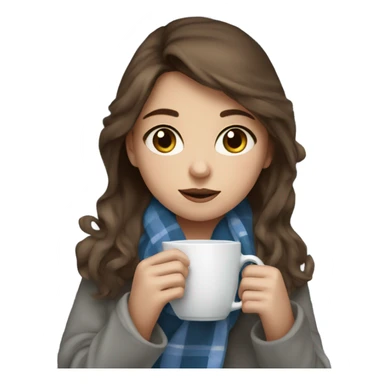 Girl with brown hair and blue eyes sipping on a tea wrapped in a grey plaid blanket  sticker
