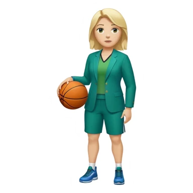 Full Body white plus size female basketball head coach with basket ball and clipboard  blonde hair past the shoulder length in a blue and green suit sticker