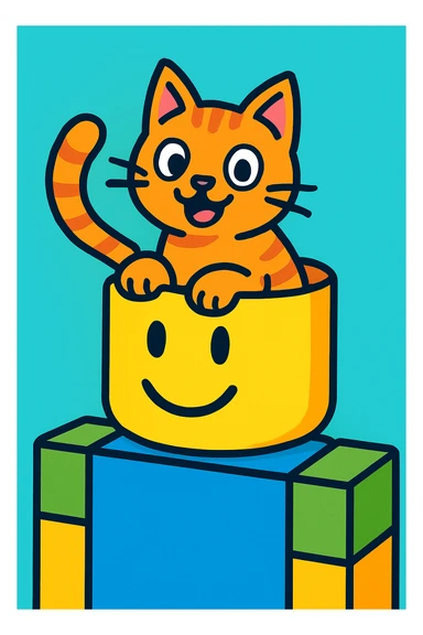 a playful and cartoonish illustration of a cat inside the head of a Roblox noob character sticker