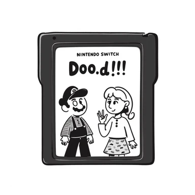 A hand-drawn Nintendo Switch game cartridge with game characters sketched on the label sticker