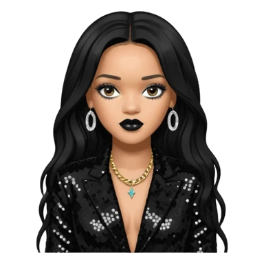 Rihanna with long jet black hair, black sequin outfit sticker