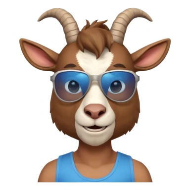 3D cartoon goat man portrait, head and shoulders, brown fur, small horns, blue reflective sunglasses, slight smile, tank top, soft lighting, centered, clean background, no text, no watermark
 sticker