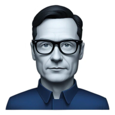 photo realistic Ralf Hutter from Kraftwerk, short straight black hair, black glasses, Dark Blue T-shirt, lean, riding black tesla model 3 sticker