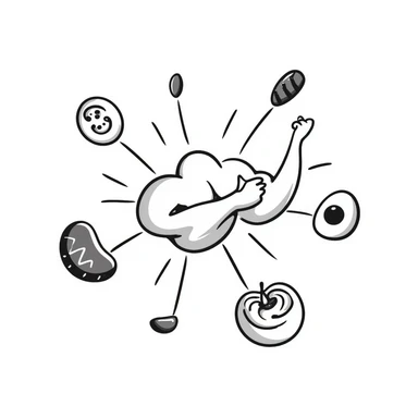 Glowing muscle fibers in the center, with protein foods (meat, egg, beans, tofu, yogurt) floating around but connected to each other forming a unified chain or cluster orbiting the muscle fibers. sticker