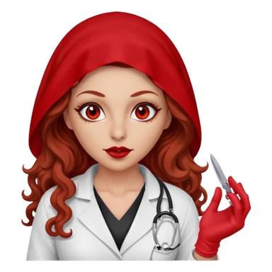Lilith scalpel in hand, evil surgeon sexy surgeon clothes.  She has red eyes. She brown long curly hair. Wears sexy doctor outfit with red gloves. Wears red burka to hide her mouth and nose sticker