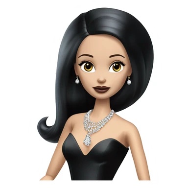 Hot Mortcia Addams Barbie. Slinky silk well-fitted, backless black dress. very pale complexion. simple jewelry. Bedroom eyeshadow. Dark straight hair. sticker