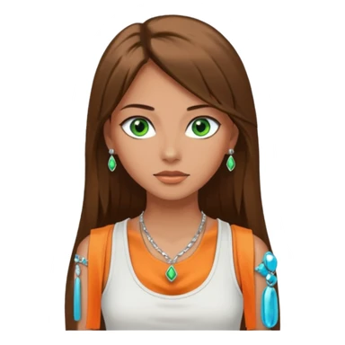A girl with long brown straight hair, green eyes, and a white tank top; she doesn't have bangs. she wear a lot of silver jewerly tan skin sticker