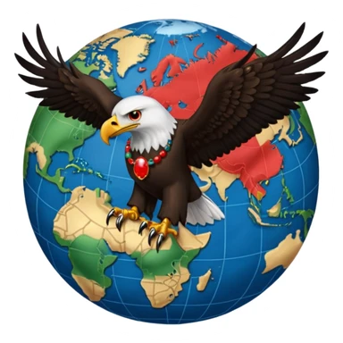 Fully black eagle with red mala bead necklace, the eagle's head facing the left with a single eye visible, wings spread full length, standing over an earth emoji with the African continent centered on the earth emoji. Replace the eye of the eagle with a Japanese Yen currency symbol. sticker