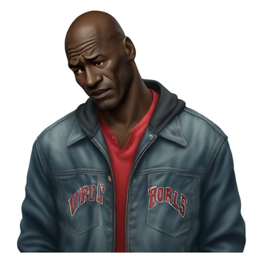 Michael Jordan in a jacket holds his head and is sad photorealistic serious sticker