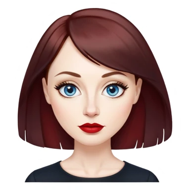 Artistic woman in her 40s with pale skin, oval face, large expressive blue eyes with eyeliner, thin arched eyebrows, small nose, full lips with red lipstick, dark auburn hair that's straight with slight waves at ends, straight bangs, wearing a black top, warm creative expression sticker