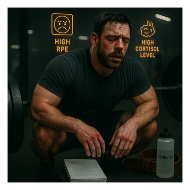 Add floating icons for high RPE and cortisol above the head, maintaining the palette and cinematic style. sticker