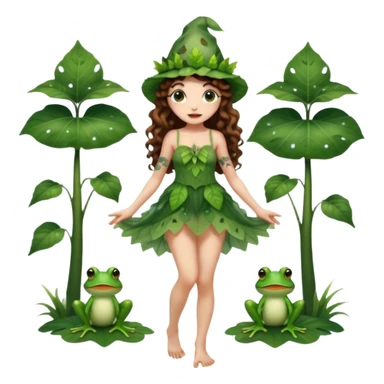 full body woman long curly brown hair brown eyes white skin tattoos wearing cute frog hat and sheer leaf dress, barefoot, flirty forest fairy pose sticker