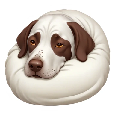 Cinematic Meme-Worthy Chubby Sleeping German Pointer Portrait Emoji, Head resting peacefully with a contented smile, showcasing a delightfully chubby build and a luxuriously soft liver and white coat, eyes shut in a serene nap, Simplified yet hilariously adorable features, highly detailed, glowing with a soft, drowsy light, high shine, relaxed and utterly lovable, stylized with an air of playful laziness, bright and heartwarming, soft glowing outline, capturing the essence of a comically sleepy hunter, so meme-worthy it feels like it could instantly become the next viral sensation of adorable slumber! sticker