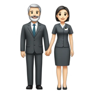 husband classy caucasian 55 dark gray hair trimmed beard wearing business suit and holding bible, with wife asian age 55 dark hair nurse uniform, no children sticker