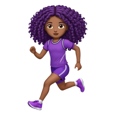 Uma boneca morena escura com olhos castanhos e cabelo cacheado longo até o peito, treinando correndo a roupa top roxo com detalhes preto e short roxo com detalhes preto sticker