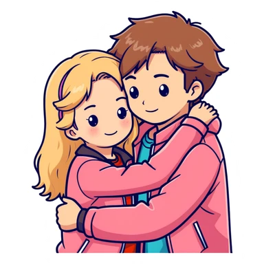 Garota loira fofa usado uma blusa rosa abraçando um garoto de cabelo castanho ondulado usando uma jaqueta vermelha  sticker