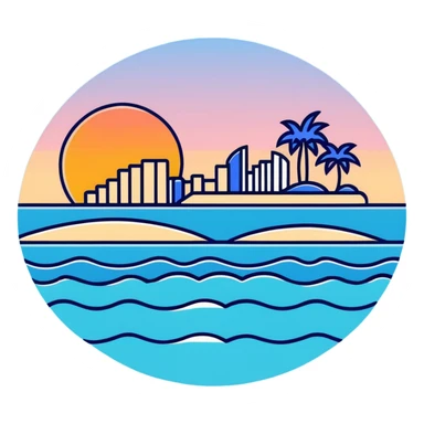 high quality sticker of Palm Jumeirah, sunset colors, palm-shaped island, ocean waves sticker