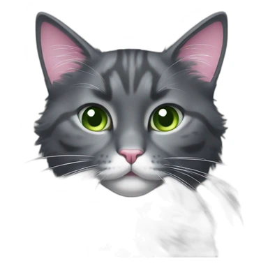 fluffy dark grey cat, pink nose, green eyes, white long whiskers, white spots near the nose, white breast sticker
