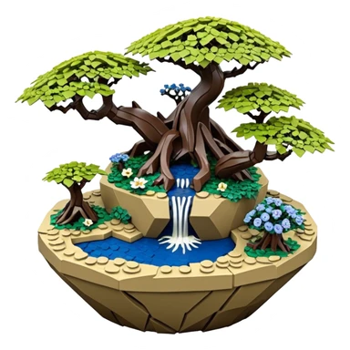 Alien Lego saucer jungle-vines mountain-island landscape antique mudman very old broken cracked intricate Stone Age rocky-crusted irregular dodecagon-shaped shallow dark moss rough bark blue serissa flowered maple tree bonsai pot sticker