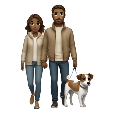 Couple with brown hair and beige outfit on a late night walk with a jack russell terrier sticker